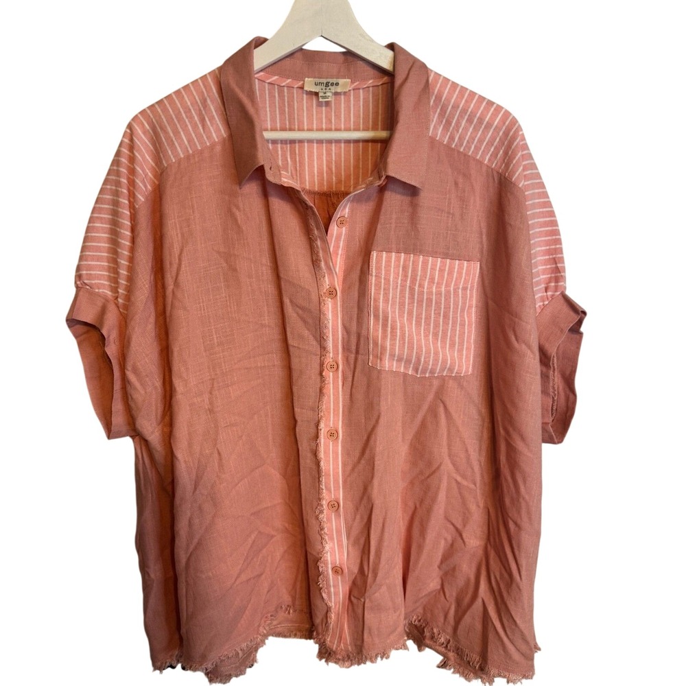 Umgee Button Down Shirt Frayed Hem Medium Pink Womens Boho Linen Blend Shacket